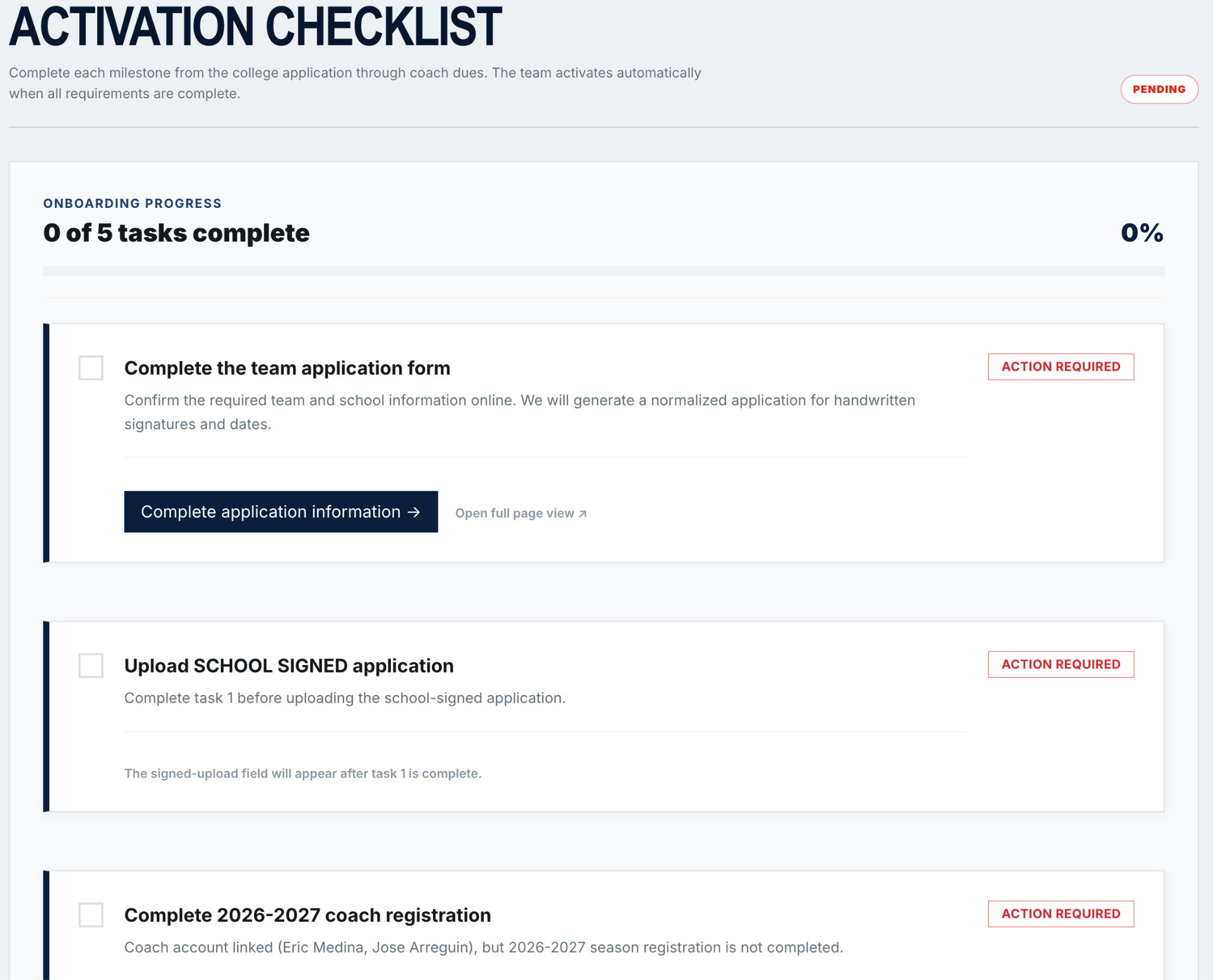 NCGA Activation Checklist showing team onboarding tasks and action required buttons
