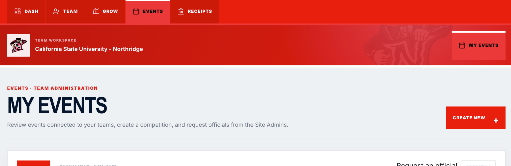 NCGA My Events screen with Create New action