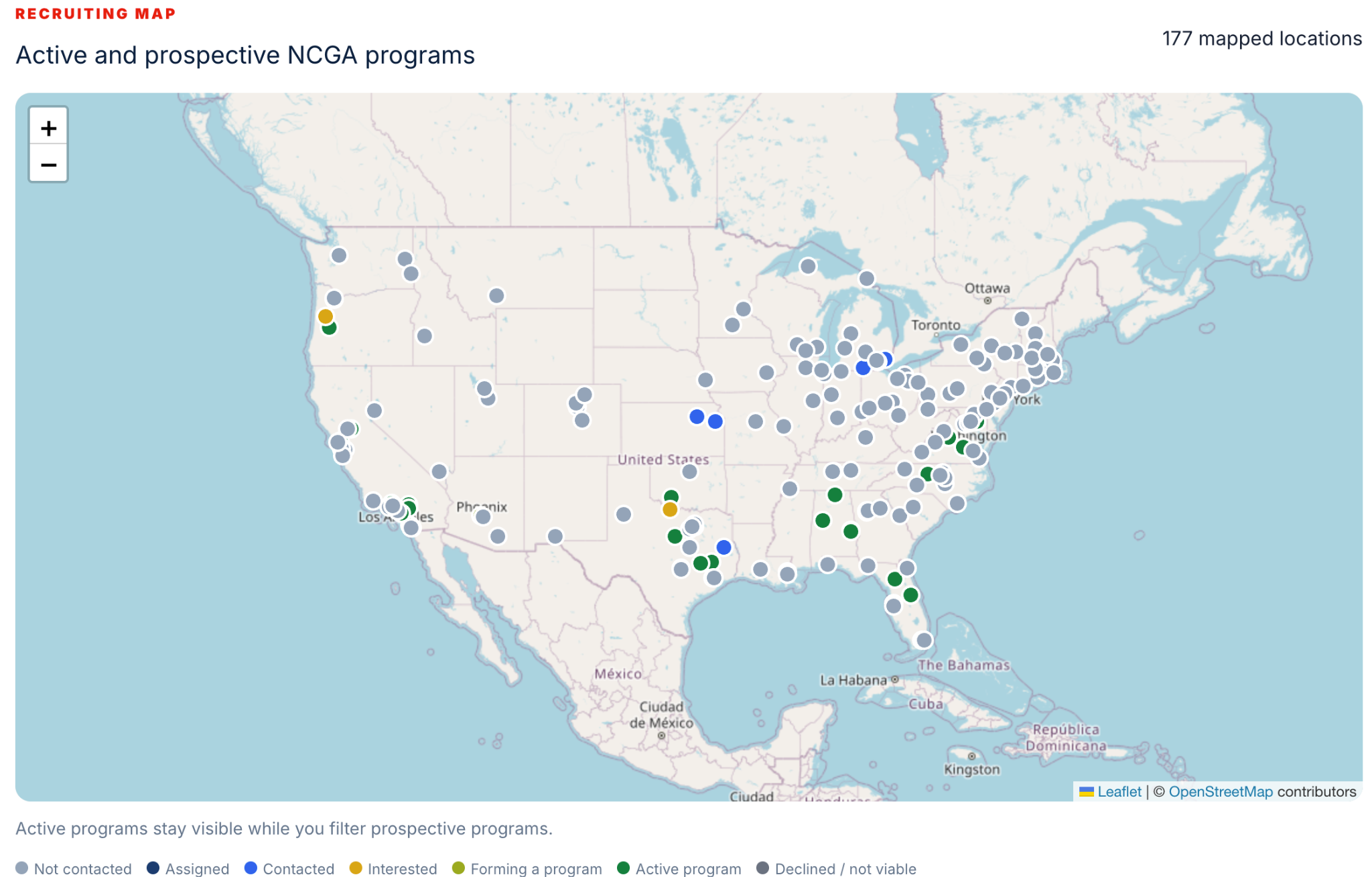 NCGA Outreach Map showing nearby colleges and team contact information